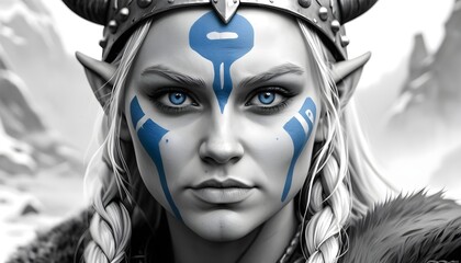 Black and white viking blonde model cosplay girl close-up portrait, blue eyes, blue face signs