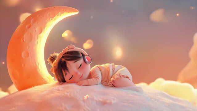 Little girl sleeping among the clouds with the moon on background. 3D cartoon animation.