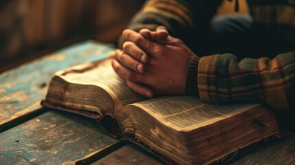 Person's hands folded in prayer over an open, well-worn bible, resting on a wooden table