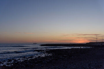 Evening seascape, sunset over the sea horizon, panoramic view