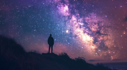 a person whispering to the cosmos, in the middle of the night. energy, mind control. nature and astrology. questions that the stars will answer.