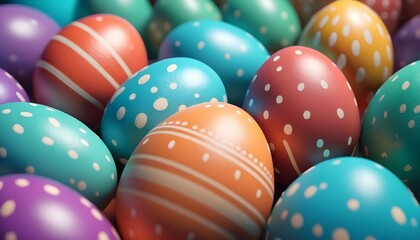 Fototapeta na wymiar Colorful painted easter eggs close-up background, abstract, geometric, flowers, stripes, dots, spiral and plain patterns