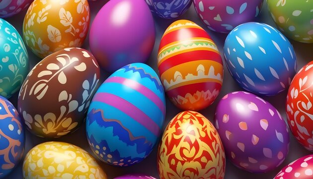 Colorful painted easter eggs close-up background, abstract, geometric, flowers, stripes, dots, spiral and plain patterns