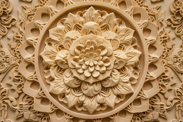 Intricate Wood Carving of a Blooming Flower with Delicate Petals and Symmetry. Mandala - 754574334