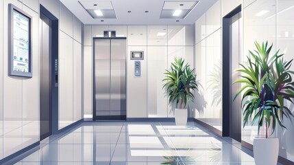 An office corridor displays an LCD, alongside open and closed elevator doors, captured in a vector illustration