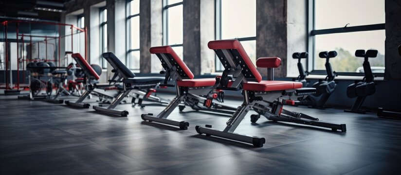 A row of various gym equipment such as treadmills, weight benches, and elliptical machines lined up in a bright and spacious gym.