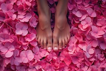 Bare feet standing amidst a dense bed of pink hydrangea petals creating a serene and floral scene.