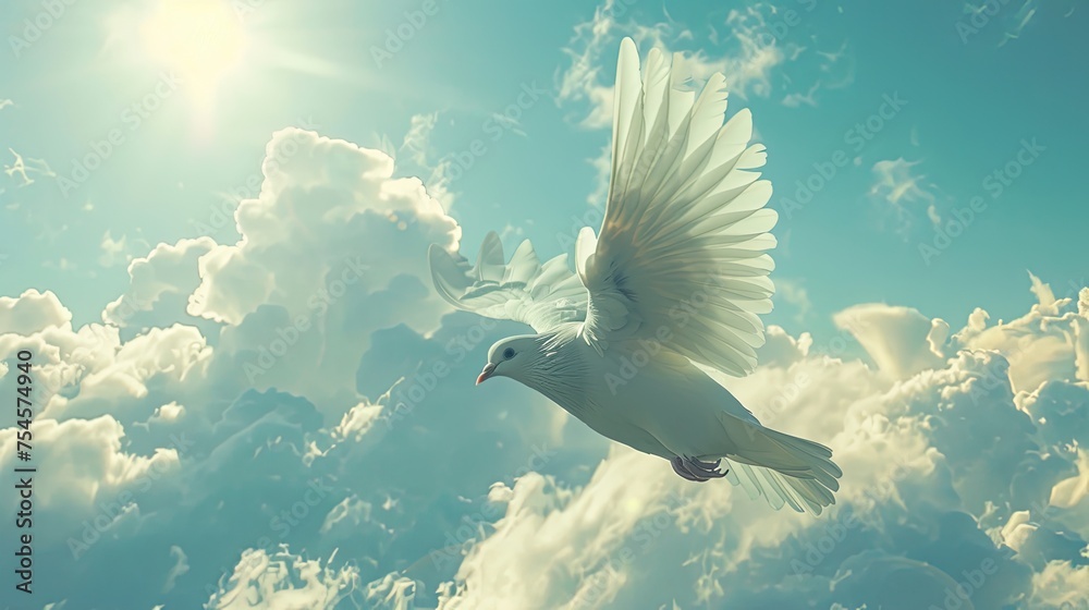 Wall mural sky funeral background with white dove copy space for text