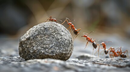 Ant teamwork is highlighted as they push a stone uphill together