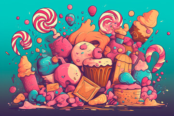 All sorts of sugary goodness. Lots of sweets. Concept of abundance, exuberance