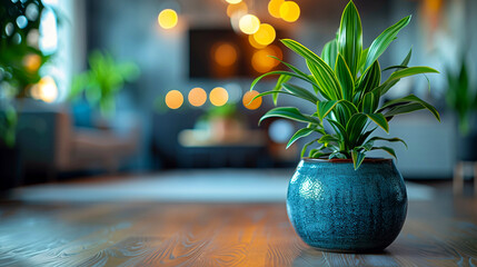 Indoor plant in a blue pot on a wooden table in a cafe - obrazy, fototapety, plakaty