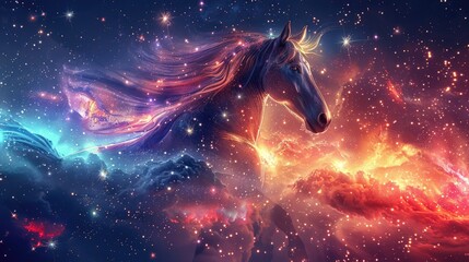 A captivating abstract painting featuring a horse in full stride against a vivid and compelling backdrop. - obrazy, fototapety, plakaty