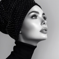 Fashion shot of a beautiful woman in a hat. Black and white.