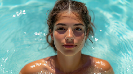Fototapeta na wymiar Close-up portrait of a beautiful young woman in the swimming pool