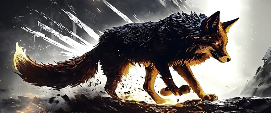 A huge beautiful fox, epic ancient elden ring fox, iconic scenery themed huge brown fox. Generative AI