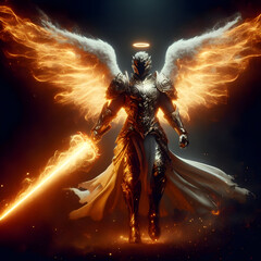 Angel of light in full armor holding fiery glowing sword and ready to fight against darkness and evil on dark isolated background