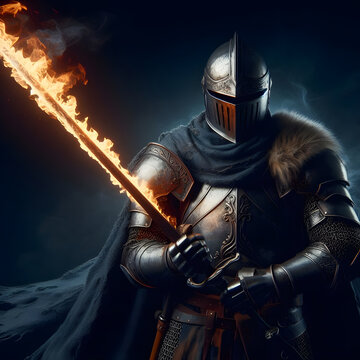 Unreal medieval knight in full armor holding flaming sword and ready to fight on dark isolated background