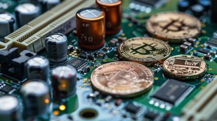 Obraz na płótnie Canvas Bitcoin among coins on a computer board, indicating technology, finance, and business concepts