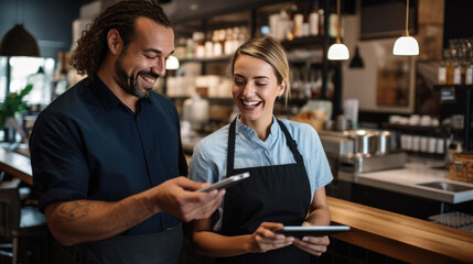 Cafe worker and manager smiling and engaging with each other while using a tablet