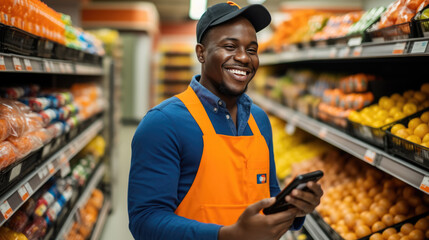 Cheerful supermarket employee in an apron is smiling while looking at a mobile phone, standing in front of a display of fresh fruits.