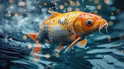 A vibrant golden fish captured mid-leap above the sparkling waters of a sunlit pond, surrounded by nature.