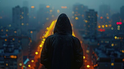 https stockadobecom vn video animation of a anonymous faceless man in a hood on the roof of a night city with blurry lights 