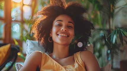 happy young african american young woman sitting in her chair smiling ai generative 