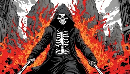 Skull and bones person, fully covered man with a black military bulletproof uniform, white ballistic waistcoat, black mask & white skull with swords in his hands on fiery burning cityscape background. - obrazy, fototapety, plakaty