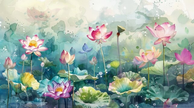 Beautiful horizontal background with colorful lotus flowers. Watercolor panoramic painting