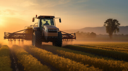 Tractor in the middle of a field, spraying crops with a boom sprayer