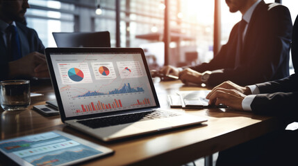 Group of businesspeople are engaged in a business meeting with analytics and laptop at the office desk.