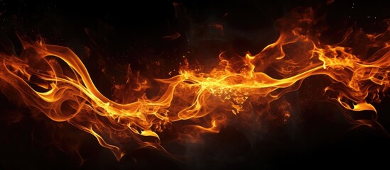 A close-up view of a fiery blaze emitting vibrant orange flames against a stark black backdrop. The flames dance and crackle, casting a warm glow and creating intricate shapes as they consume the