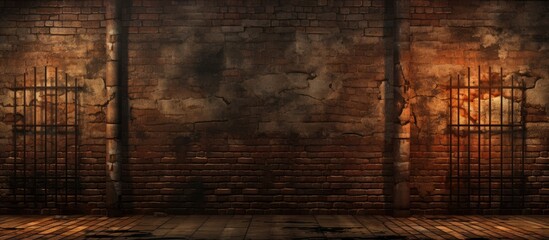 A dark room with a prominent old prison brick wall and a sturdy gate standing in the center. Light filters through the cracks in the bricks, casting shadows across the floor. - obrazy, fototapety, plakaty