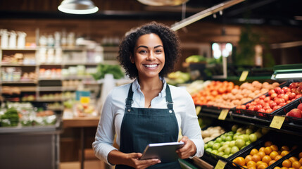 Smiling female supermarket employee in an apron is holding a tablet, standing in the produce...
