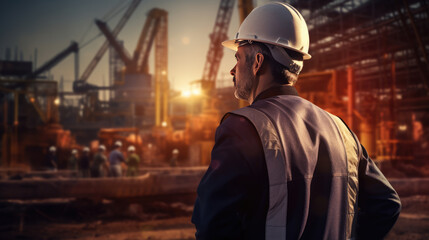 Construction worker wearing hard hat and safety vest standing at a construction site with cranes and scaffolding, observing the work in progress.