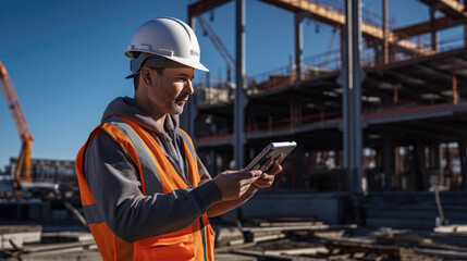 Construction worker with a hardhat and reflective vest is focused on a tablet, possibly reviewing plans or conducting an inspection at a construction site.