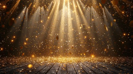 golden confetti shower cascading onto a festive stage illuminated by a central light beam mockup for events such as award ceremonies jubilees new year s parties or product presentations  - obrazy, fototapety, plakaty