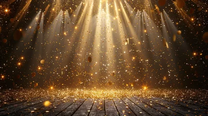Muurstickers golden confetti shower cascading onto a festive stage illuminated by a central light beam mockup for events such as award ceremonies jubilees new year s parties or product presentations  © hisilly