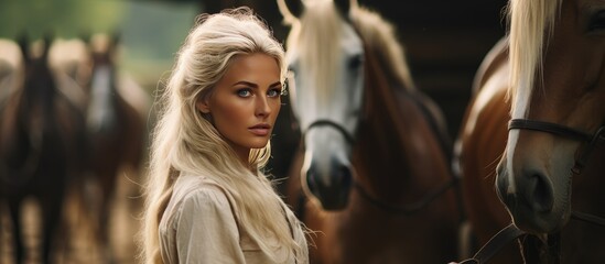 A blonde horse trainer is standing next to a group of horses on a farm, overseeing their care and training. The woman is wearing typical equestrian attire and appears focused on her duties.