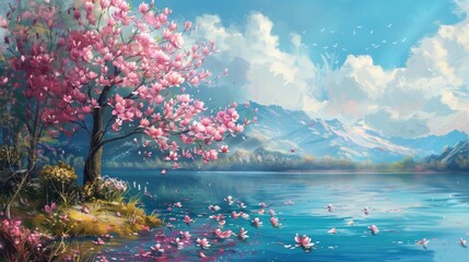 Beautiful spring landscape with blooming magnolia tree on the lake shore. Horizontal digital...
