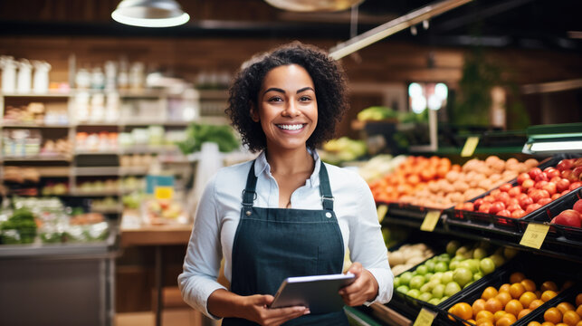 Smiling female supermarket employee in an apron is holding a tablet, standing in the produce section with fruits and vegetables in the background. - Powered by Adobe
