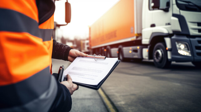 Close-up of a person's hand holding a pen and writing on a clipboard, wearing a safety reflective vest, with a delivery vehicle in the background. - Powered by Adobe