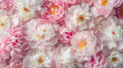 Beautiful white pink blooming peonies flowers background. Top view