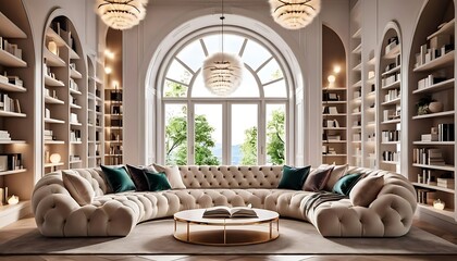 Tufted curved sofa against arched window Bookcase and fluffy fur pendant lamps Minimalist luxury home interior design of modern living room. Home interior design. Modern living room with sofa. - obrazy, fototapety, plakaty