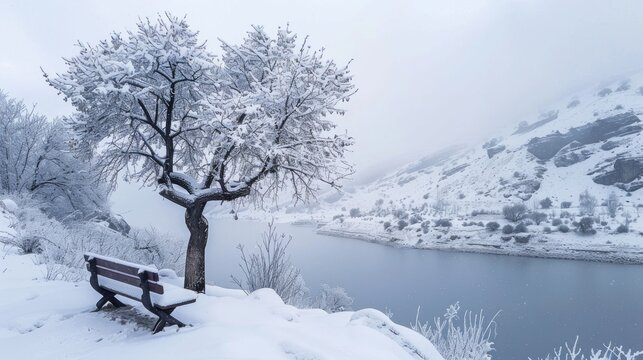 Beautiful winter Wallpaper. Snowy landscape, tree completely covered with snow and a bench to sit on. Background snowy mountains in winte