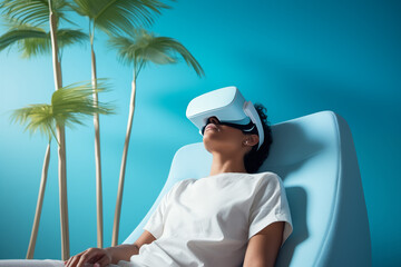 Relaxed woman wearing a VR headset imagines a vacation amidst virtual palm trees