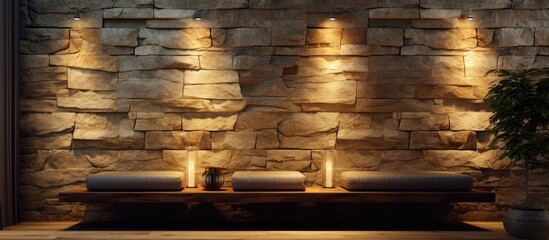 A room featuring a stone wall adorned with flickering candles. The warm glow of the candles illuminates the rustic textures of the wall, creating a cozy and inviting atmosphere.