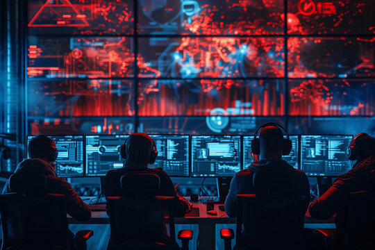 A team of diverse people Sitting in front of a computer screen, dedicated to cyber defense, emphasizing the critical role of cybersecurity in protecting digital assets