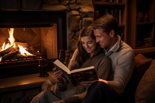 Romantic evening with a couple reading together by the warmth of a fireplace