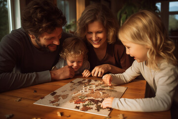 Happy family enjoys a cozy evening assembling a puzzle together indoors